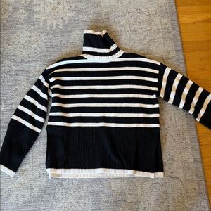 OAK + FORT Black and White Striped Turtleneck Sweater